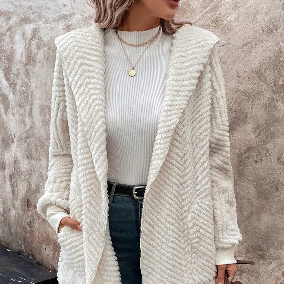 Apricot Casual Women's Waterfall Collar Open Front Teddy Coat - Picture 3 of 7